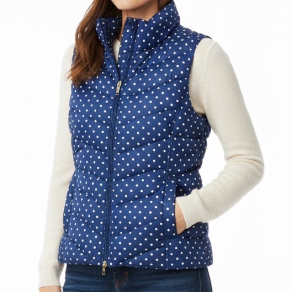 Lands’ End‎ Vest Women’s Size M Blue White Polka Dot Puffer Sleeveless Full Zip